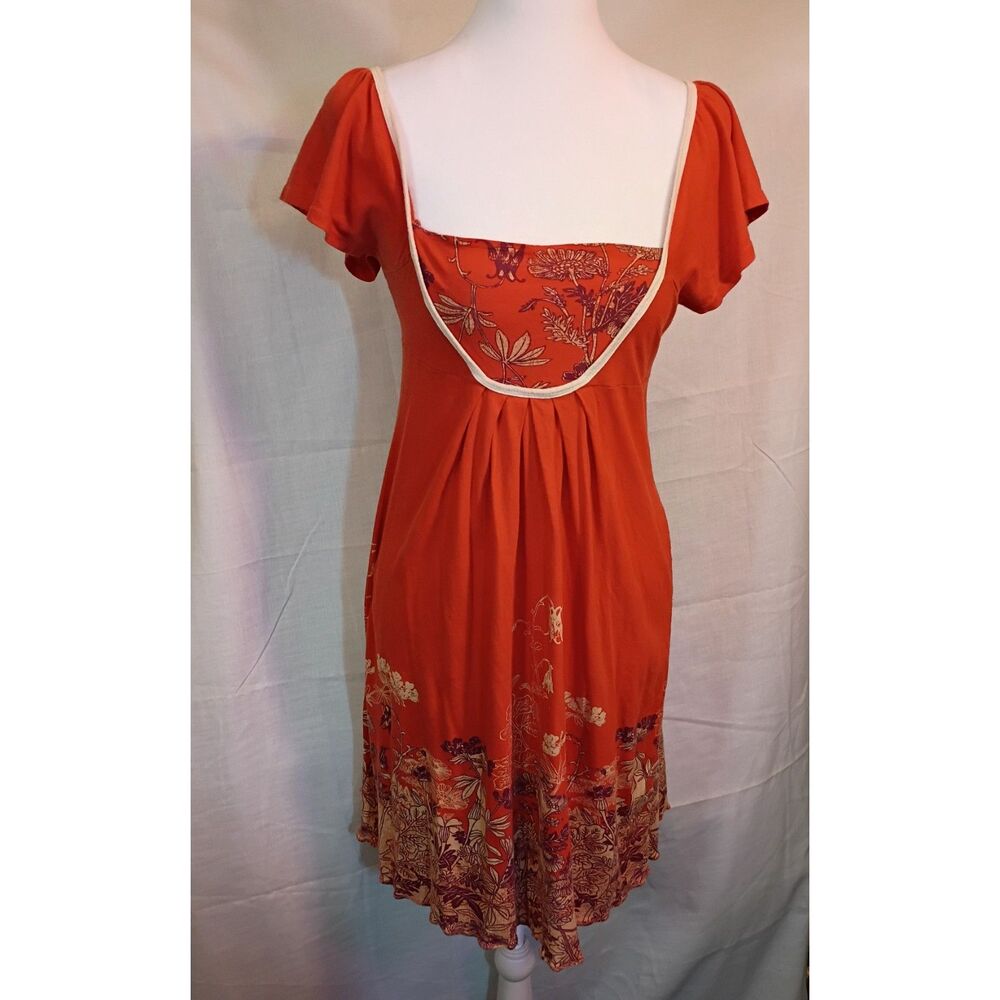 Decree Y2K Orange Floral Border Print Empire Waist Flutter Sleeve Mini Dress S